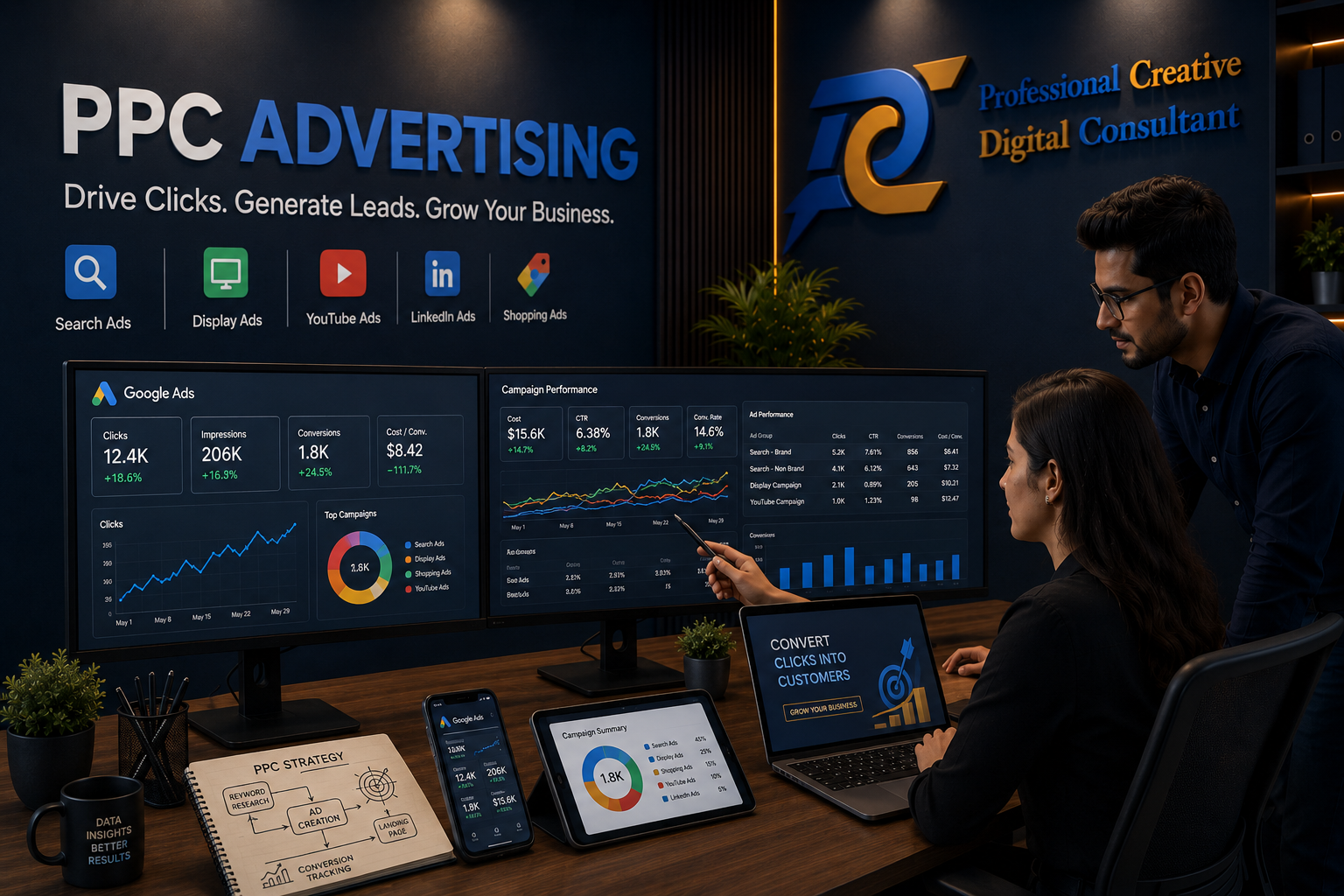 Pakistani digital marketing team analyzing PPC performance metrics and website growth using PPC Marketing optimization dashboards