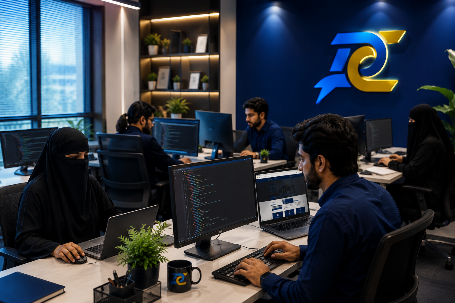 Pakistani web development team working on website design and coding in a modern digital office with PCDC branding
