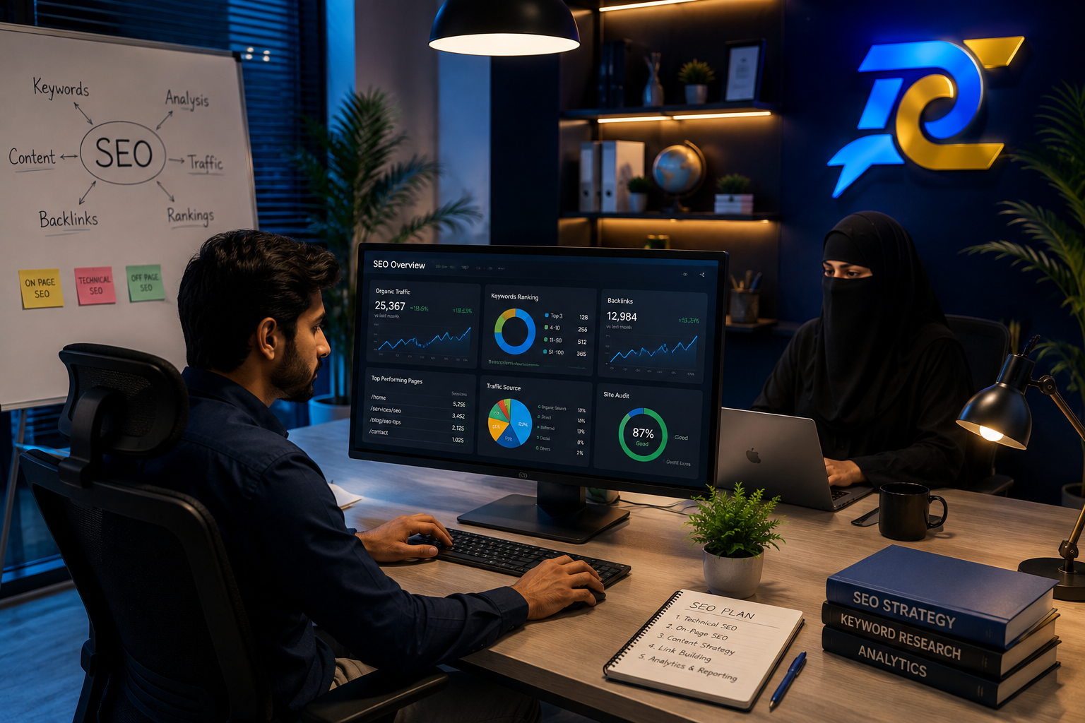 Pakistani SEO professionals reviewing keyword research, website traffic, rankings, and SEO analytics on a large monitor