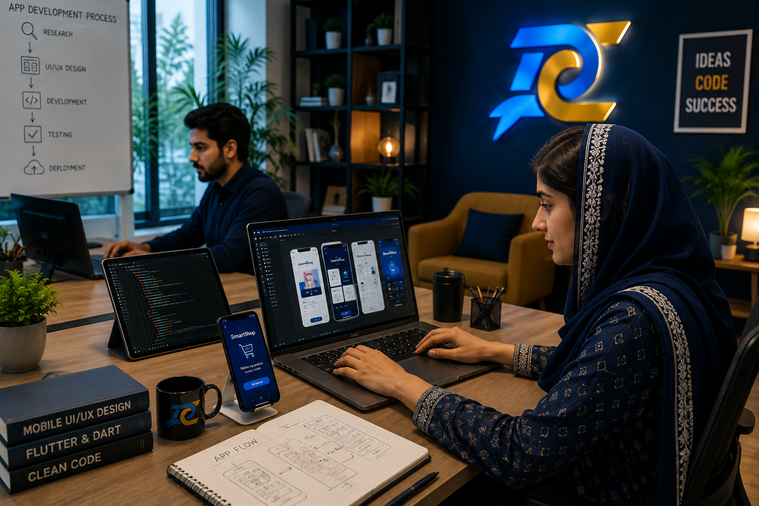 Pakistani woman wearing a traditional dupatta working on mobile app UI design alongside a software developer in a modern office