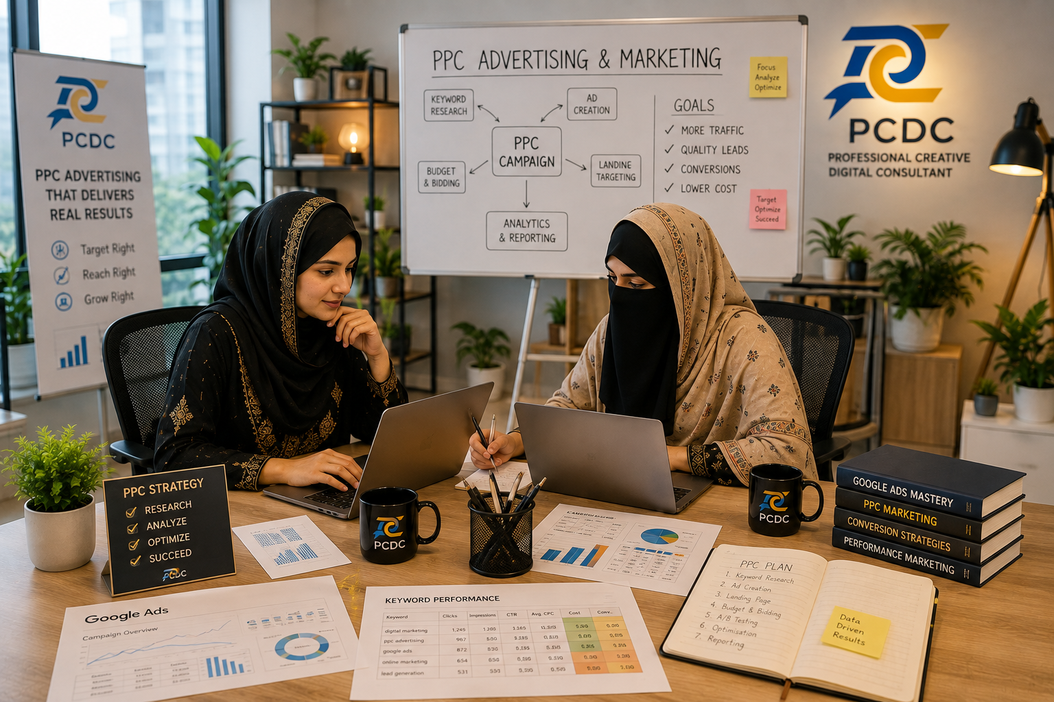 Pakistani digital marketing team analyzing PPC performance metrics and website growth using PPC Marketing optimization dashboards